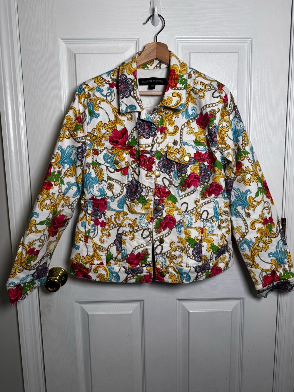 Boston Proper Baroque Chain Floral Print Denim Jacket White Multi Size Medium